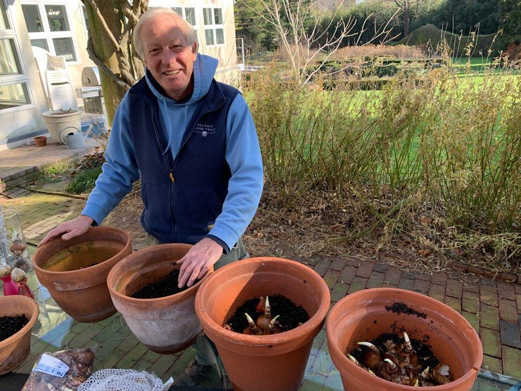 Rick with pots of forced bulbs